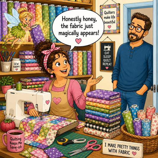 A colorful cartoon-style scene of a woman at a sewing machine surrounded by stacks of patterned fabric rolls and folded fabric, with a man standing nearby. Speech bubbles and signs appear throughout the room, including one that reads 'Honestly honey, the fabric just magically appears!' and another that says 'I Make Pretty Things With Fabric'.
