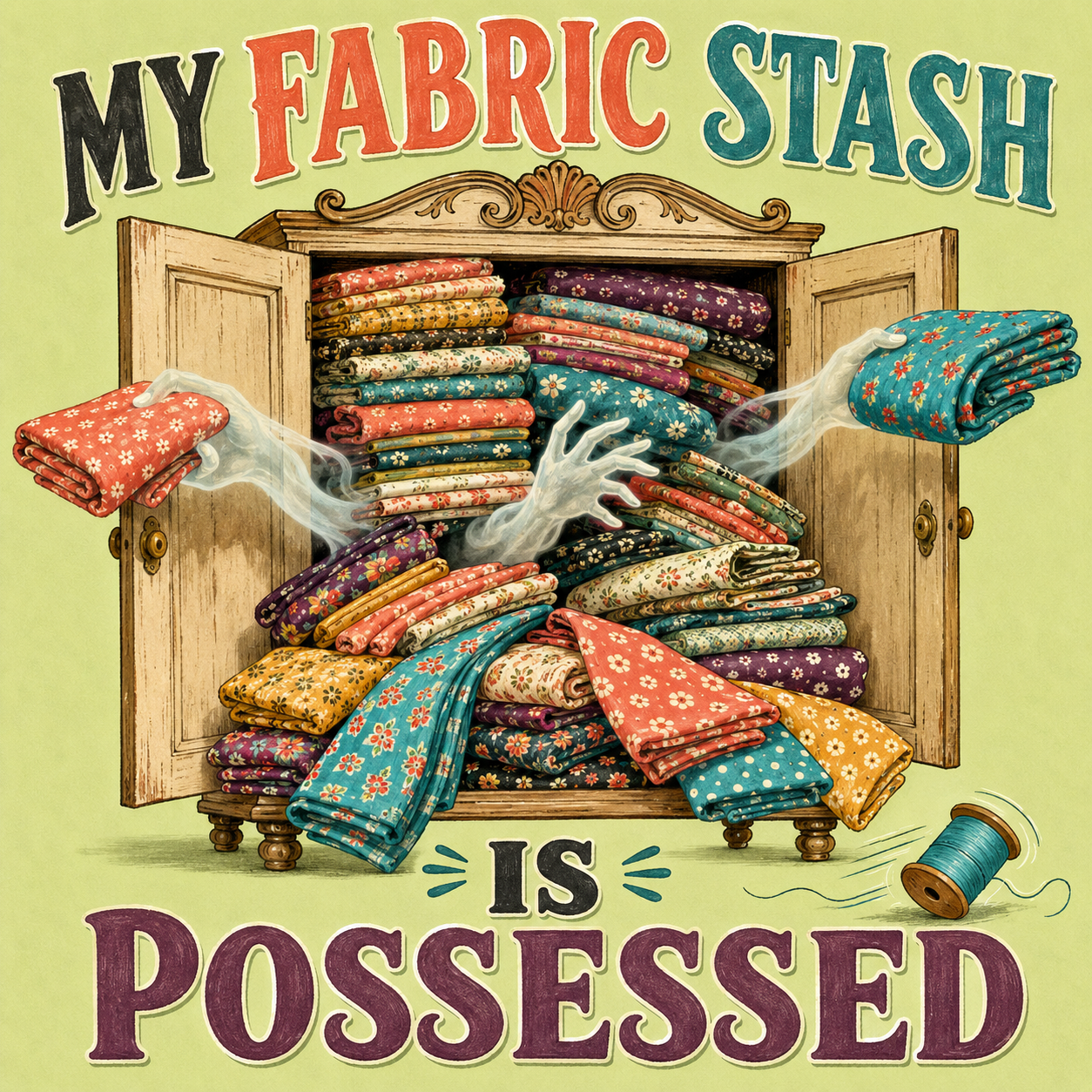 Vintage-style illustrated poster reading 'MY FABRIC STASH IS POSSESSED' with a wooden cabinet overflowing with colorful patterned fabrics and a spool of thread on a pale green background.