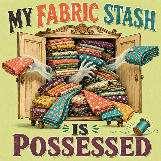 Vintage-style illustrated poster reading 'MY FABRIC STASH IS POSSESSED' with a wooden cabinet overflowing with colorful patterned fabrics and a spool of thread on a pale green background.