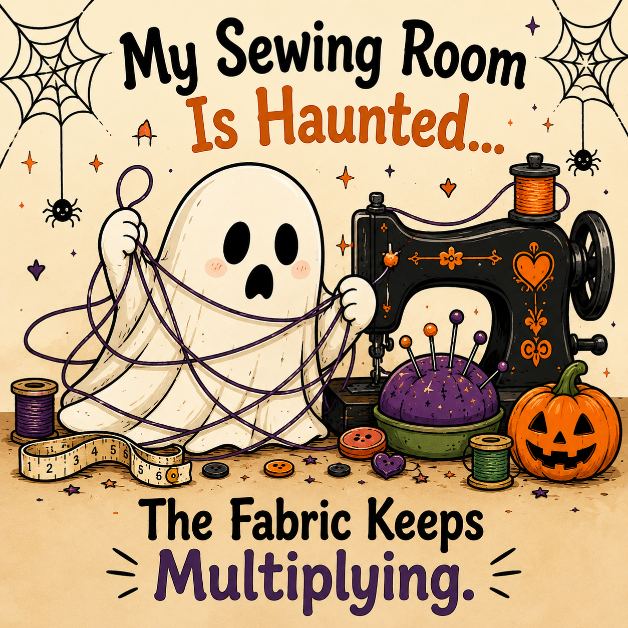 A whimsical illustrated cover-style graphic with the text 'My Sewing Room Is Haunted.