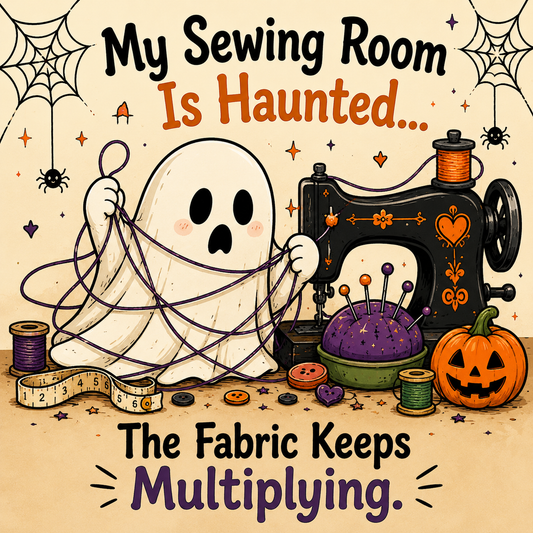 A whimsical illustrated cover-style graphic with the text 'My Sewing Room Is Haunted.