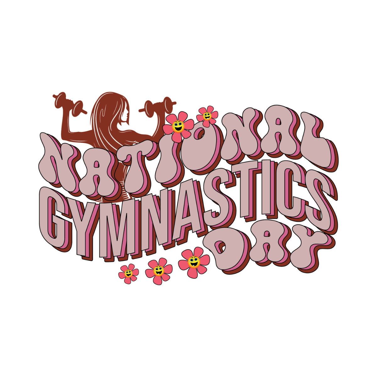 Text 'National Gymnastics Day' with gymnast illustrations and flowers on a white background.  Pixie Printed handcrafted photo magnets — unique personalized gifts made with heart. ❤️