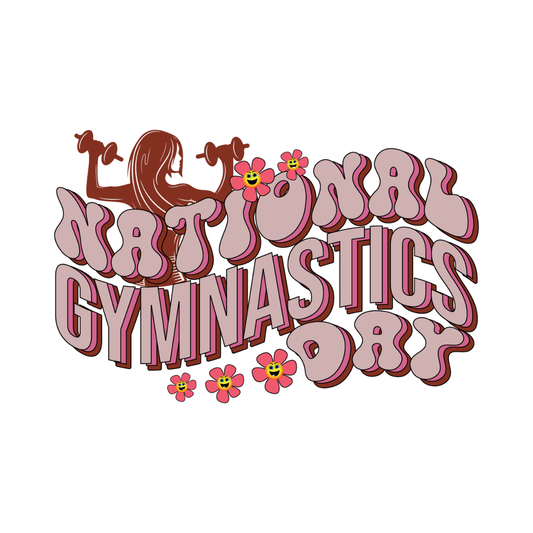 Text 'National Gymnastics Day' with gymnast illustrations and flowers on a white background.  Pixie Printed handcrafted photo magnets — unique personalized gifts made with heart. ❤️