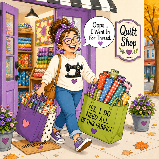 A colorful illustrated scene of a woman walking out of a quilt shop carrying two large fabric bags. One purple bag says 'Oops.