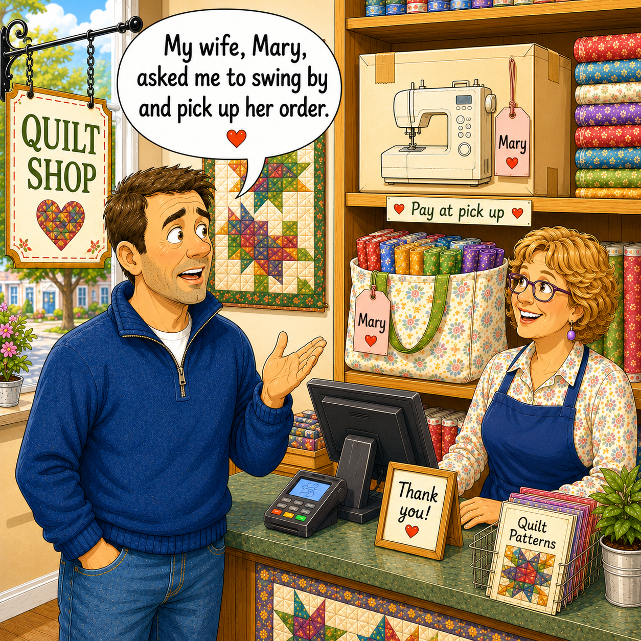 A cartoon-style illustration of a quilt shop scene with a man standing at the counter and a woman behind it. The man says, 'My wife, Mary, asked me to swing by and pick up her order.  What he doesn't know is that the order is a "Pay at Pick Up" quilt shop humor