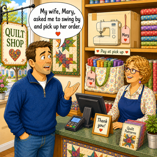 A cartoon-style illustration of a quilt shop scene with a man standing at the counter and a woman behind it. The man says, 'My wife, Mary, asked me to swing by and pick up her order.  What he doesn't know is that the order is a "Pay at Pick Up" quilt shop humor