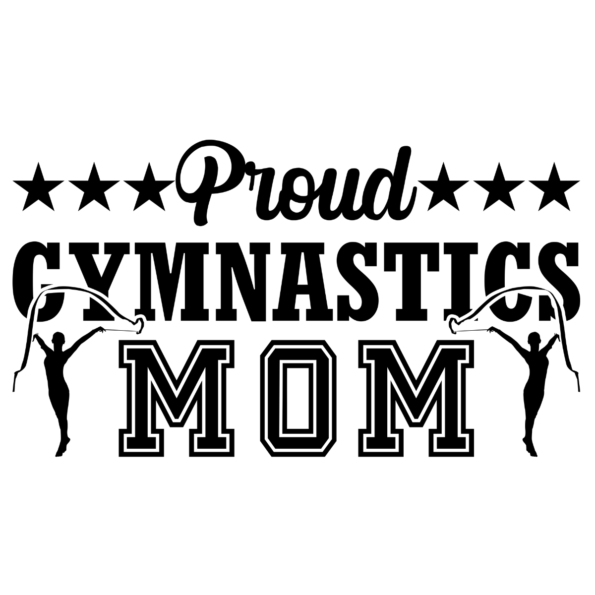 Text 'Proud Gymnastics Mom' with star decorations on a white background.  Pixie Printed handcrafted photo magnets — unique personalized gifts made with heart. ❤️