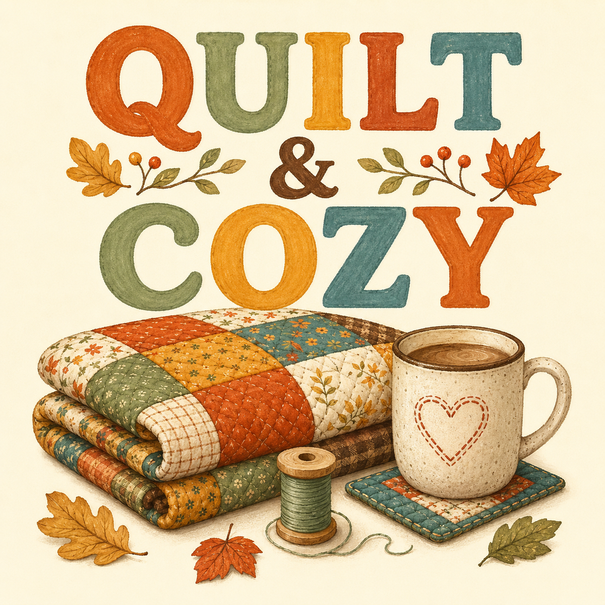 A cozy autumn-themed graphic with the words “QUILT & COZY” in large decorative letters above a folded patchwork quilt, a mug with a heart, thread spool, and scattered leaves on a cream background.