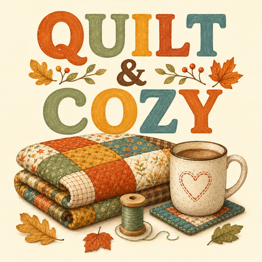 A cozy autumn-themed graphic with the words “QUILT & COZY” in large decorative letters above a folded patchwork quilt, a mug with a heart, thread spool, and scattered leaves on a cream background.