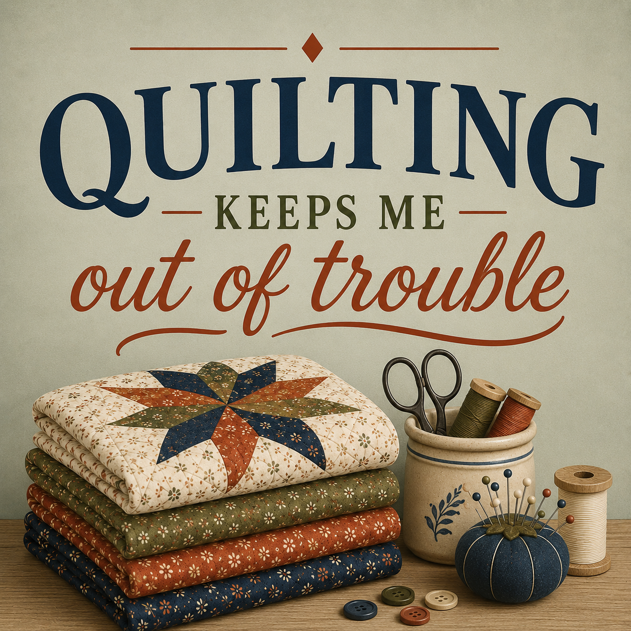 A styled quilting setup with a stack of patterned fabric squares, a pincushion with pins, thread spools, and scissors on a tabletop beneath large decorative text reading “QUILTING KEEPS ME out of trouble.”.