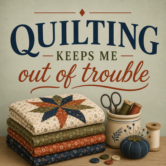 A styled quilting setup with a stack of patterned fabric squares, a pincushion with pins, thread spools, and scissors on a tabletop beneath large decorative text reading “QUILTING KEEPS ME out of trouble.”.