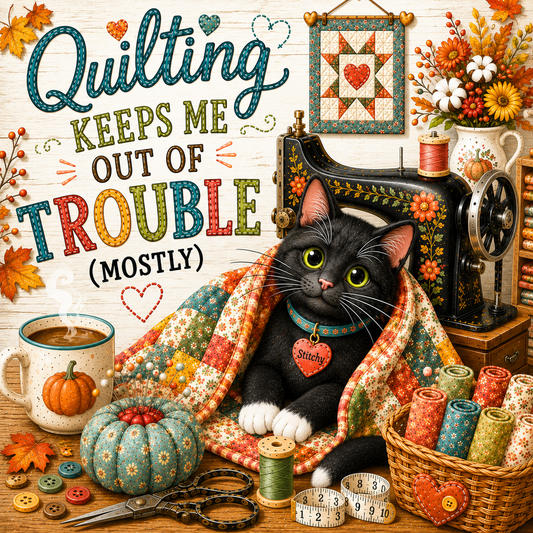 A cozy autumn-themed quilting scene with a black cat wrapped in a patchwork quilt, surrounded by a vintage sewing machine, thread spools, scissors, a mug of coffee, and decorative quilting props. Large text reads, 'Quilting Keeps Me Out of Trouble (Mostly)'.