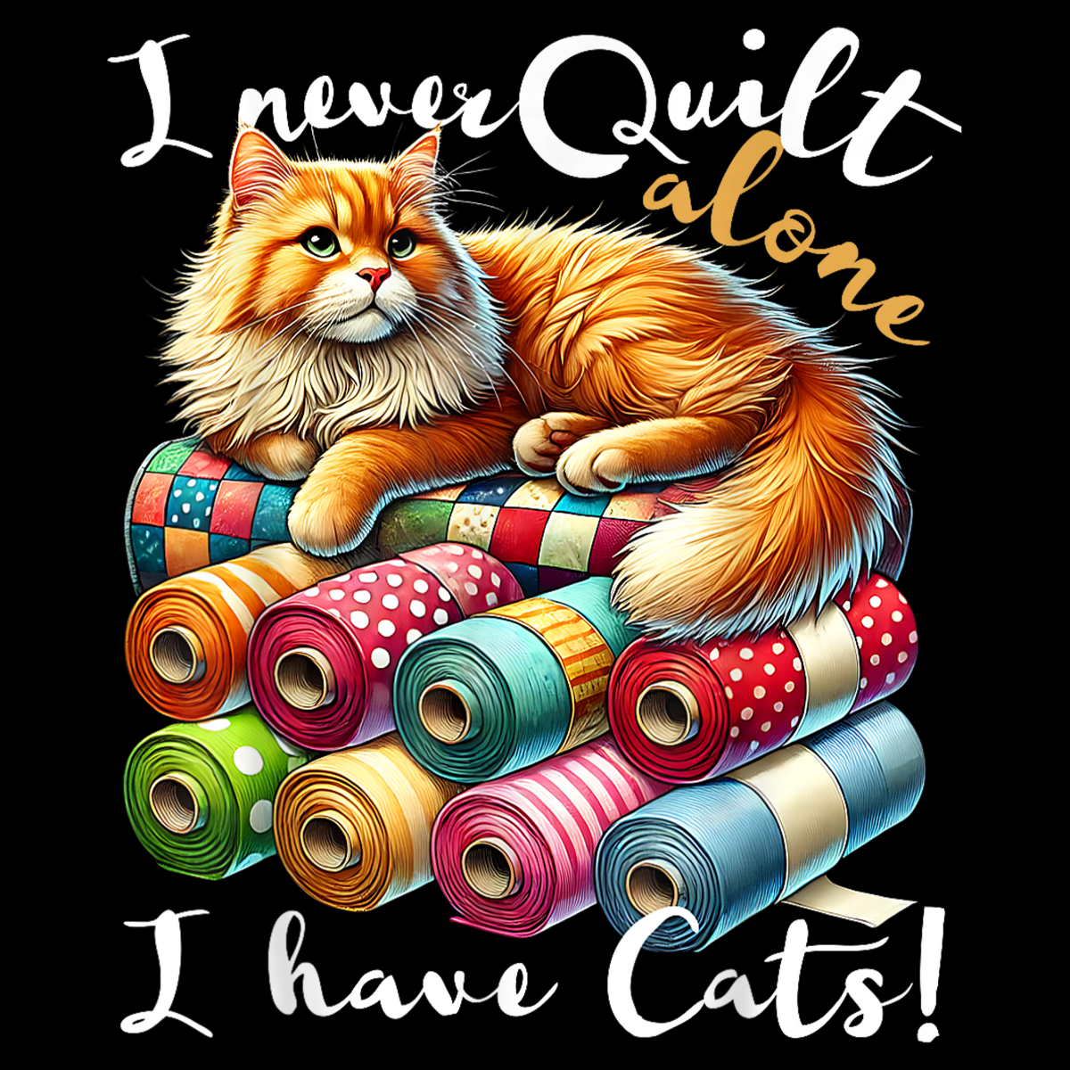 Cat sitting on quilting fabric rolls with text 'I never quilt alone, I have cats!' on a black background.  Pixie Printed handcrafted photo magnets — unique personalized gifts made with heart. ❤️