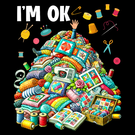 Colorful illustration of sewing supplies with 'I'm OK' text on a black background.  Pixie Printed handcrafted photo magnets — unique personalized gifts made with heart. ❤️