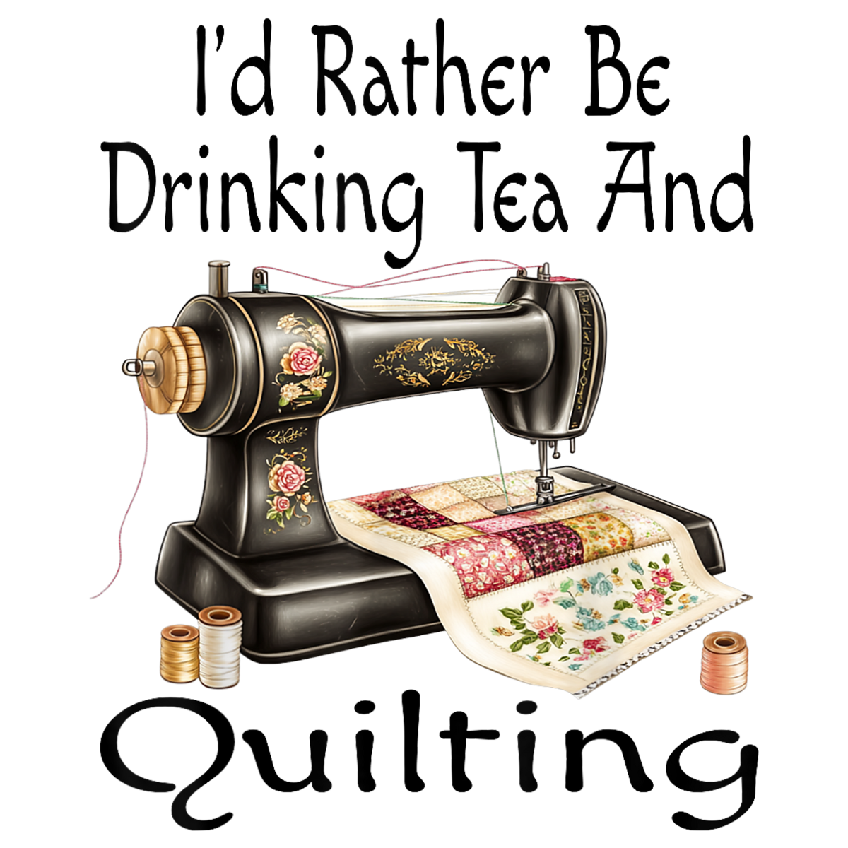 Vintage sewing machine with a quilt and text 'I'd Rather Be Drinking Tea And Quilting' on a white background.  Pixie Printed handcrafted photo magnets — unique personalized gifts made with heart. ❤️