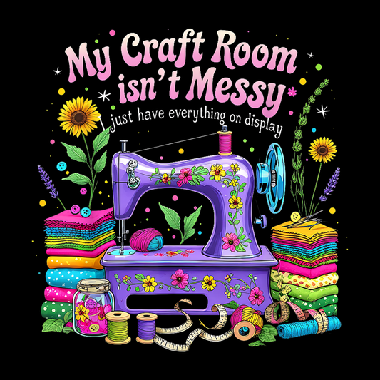 Colorful illustration of a sewing machine with flowers and text on a black background.  Pixie Printed handcrafted photo magnets — unique personalized gifts made with heart. ❤️