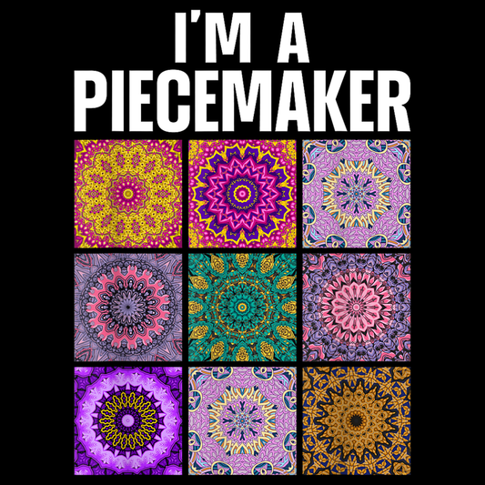 Colorful mosaic patterns with text 'I'm a Piecemaker' on a black background.  Pixie Printed handcrafted photo magnets — unique personalized gifts made with heart. ❤️