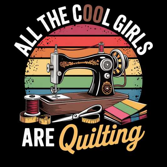Vintage-style graphic with a sewing machine, scissors, and fabric on a rainbow background with text 'All the cool girls are quilting'.  Pixie Printed handcrafted photo magnets — unique personalized gifts made with heart. ❤️