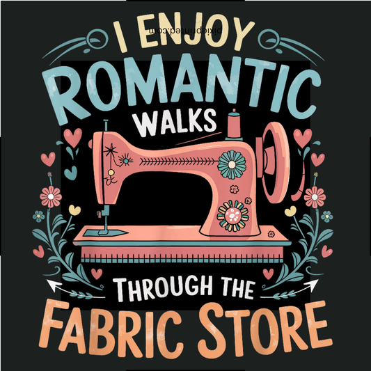 Sewing machine graphic with text 'I enjoy romantic walks through the fabric store' on a black background.  Pixie Printed handcrafted photo magnets — unique personalized gifts made with heart. ❤️
