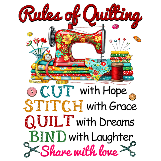 Colorful illustration of a sewing machine with text 'Rules of Quilting' and motivational quote on a white background.  Pixie Printed handcrafted photo magnets — unique personalized gifts made with heart. ❤️