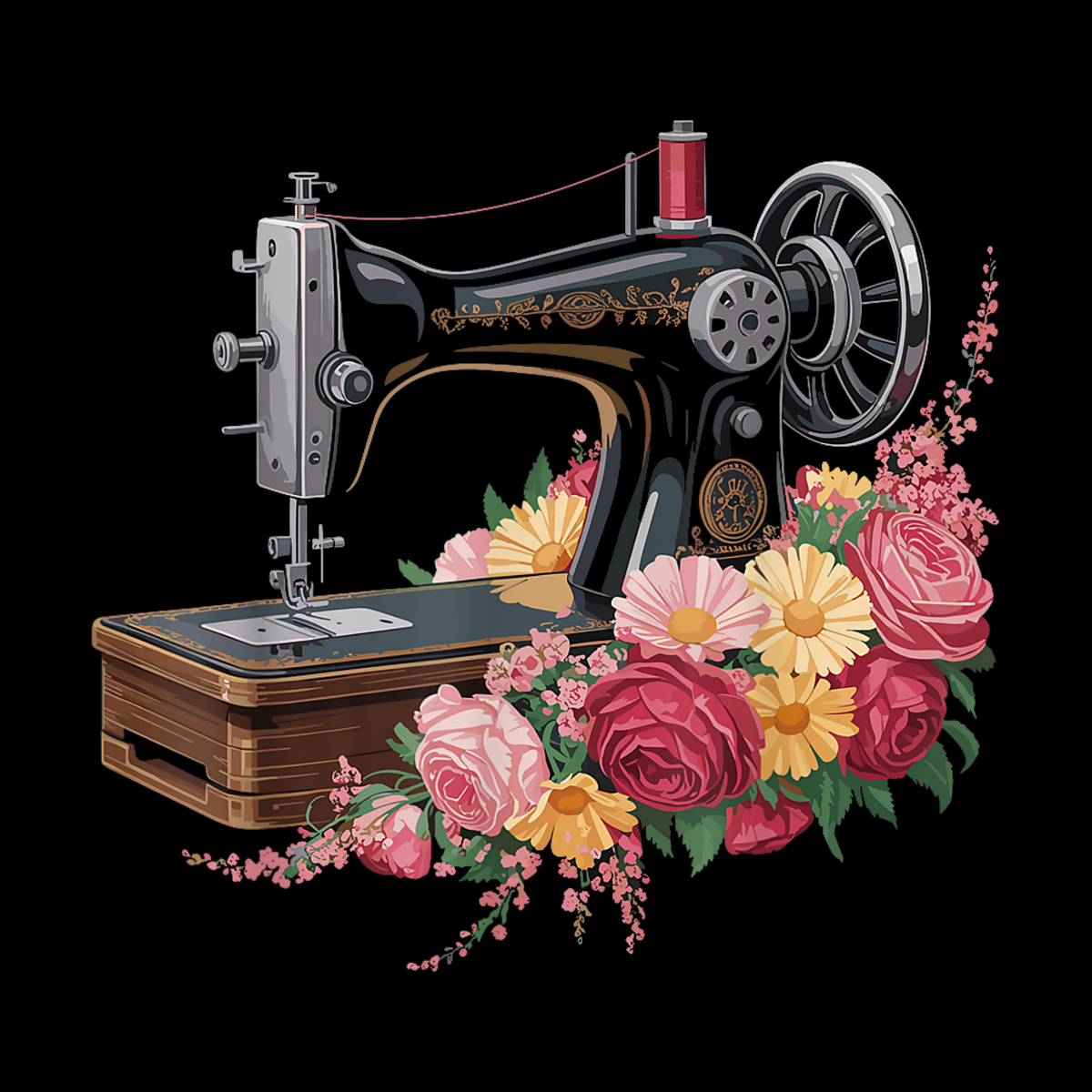 Vintage sewing machine with floral design on a black background.  Pixie Printed handcrafted photo magnets — unique personalized gifts made with heart. ❤️