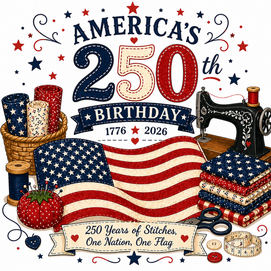 Illustration celebrating America's 250th birthday with sewing-themed elements and American flag.