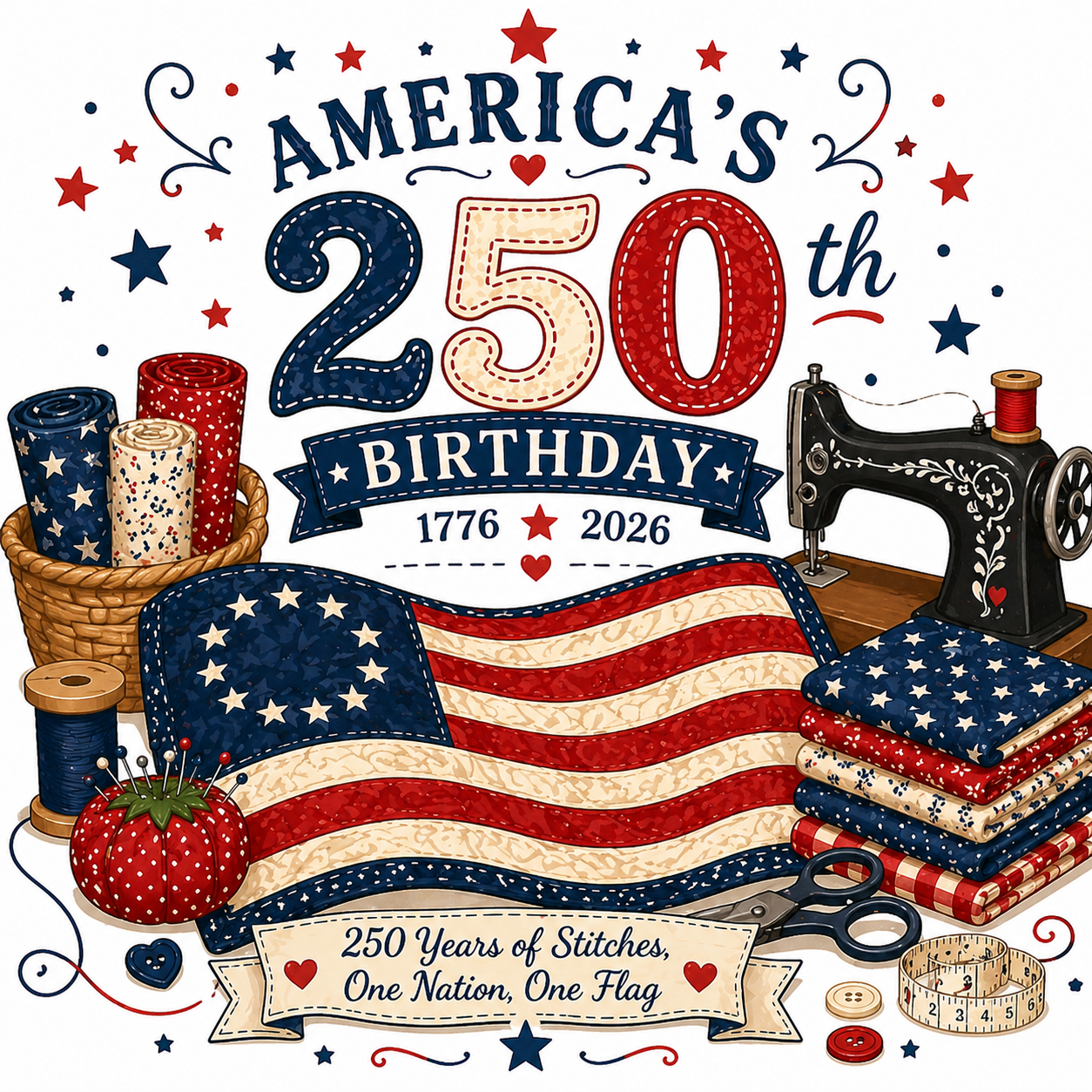Illustration celebrating America's 250th birthday with sewing-themed elements.