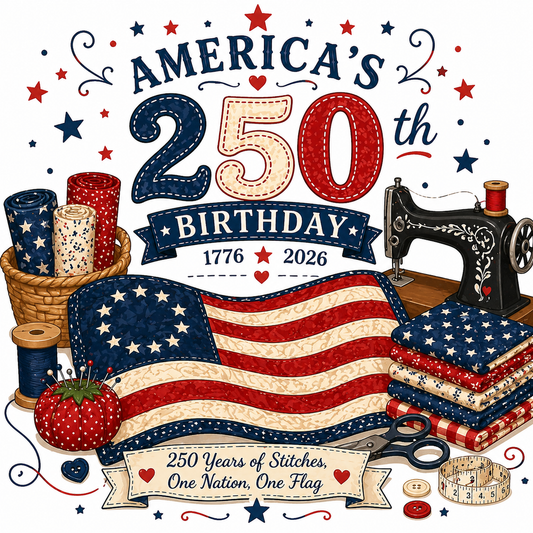Illustration celebrating America's 250th birthday with sewing-themed elements.