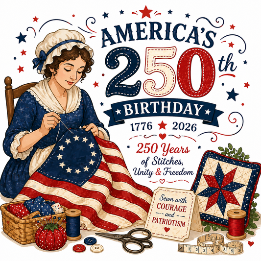 Illustration celebrating America's 250th birthday with a woman sewing an American flag.