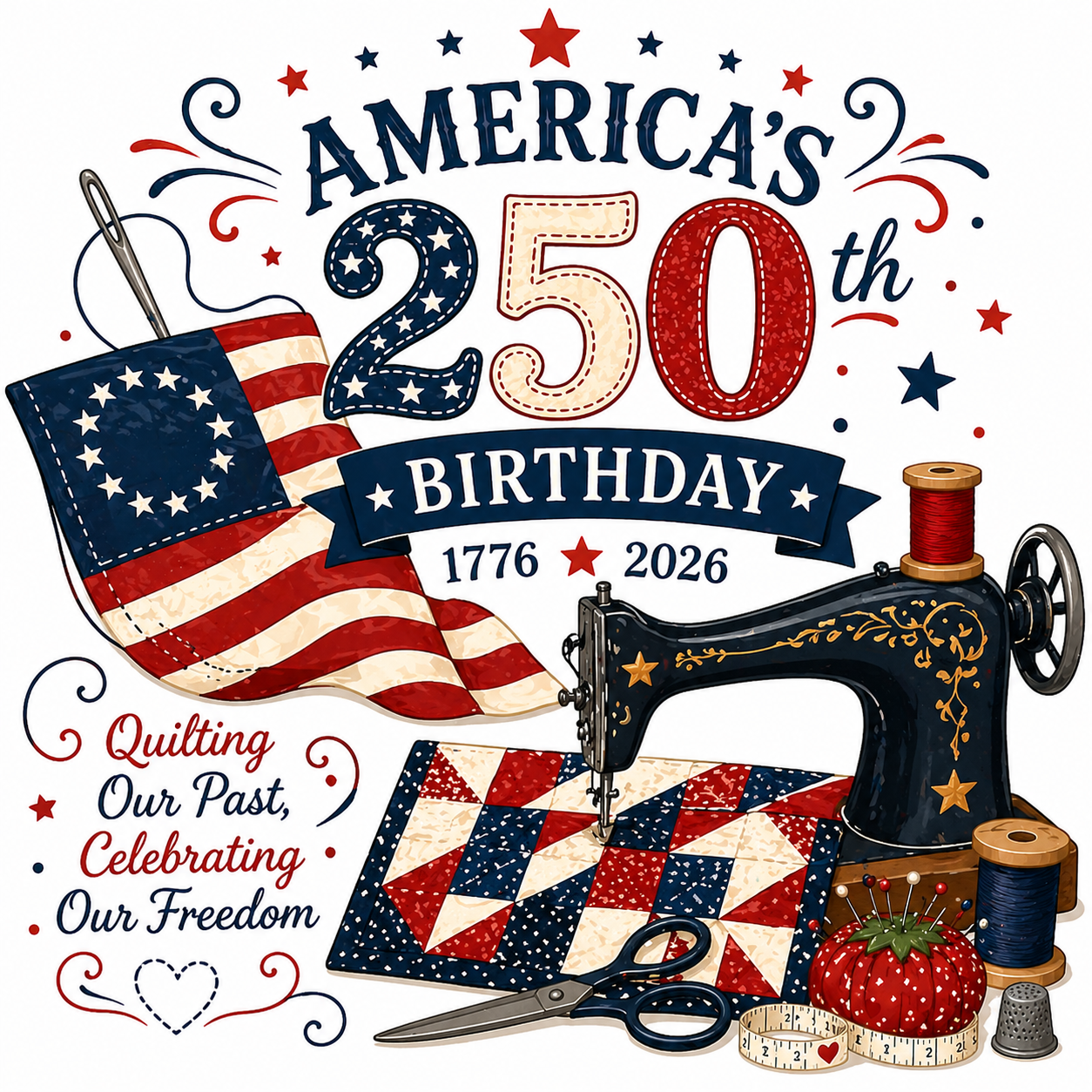 Illustration celebrating America's 250th birthday with a sewing machine, quilt, and American flag.