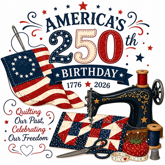 Illustration celebrating America's 250th birthday with a sewing machine, quilt, and American flag.