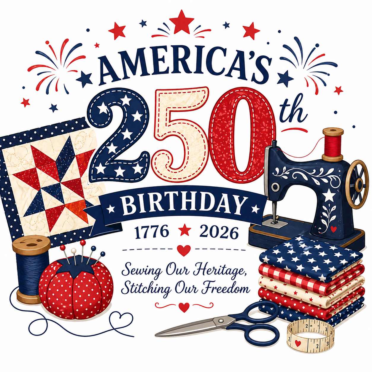 Celebratory graphic for America's 250th Birthday with sewing-themed elements.