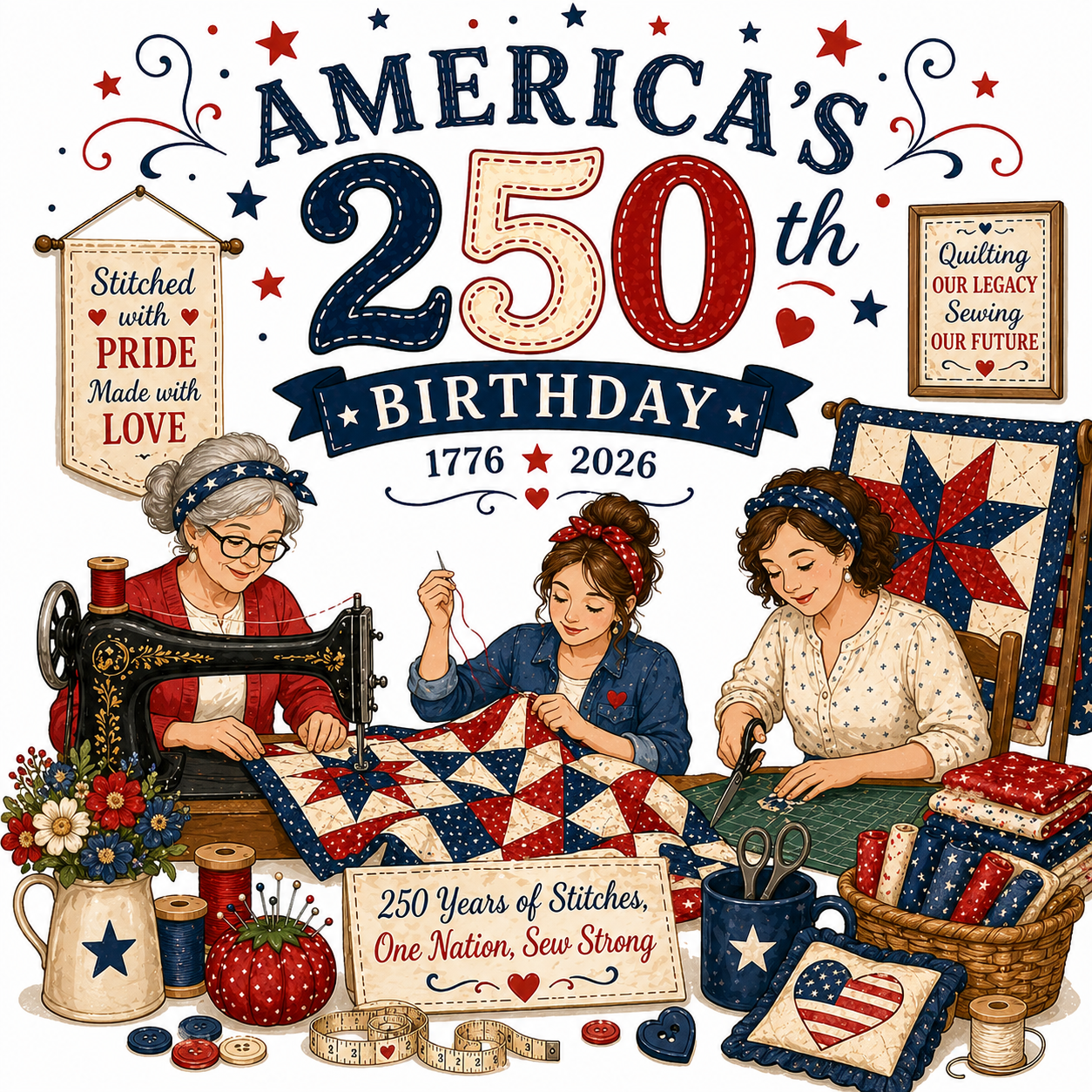 Illustration of three women working on quilts with text celebrating America's 250th birthday.