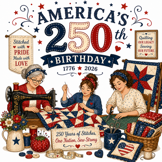 Illustration of three women working on quilts with text celebrating America's 250th birthday.