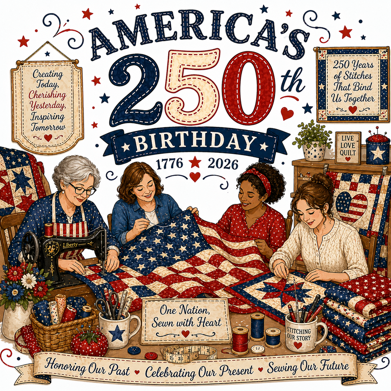 Illustration celebrating America's 250th birthday with people working on a quilt.