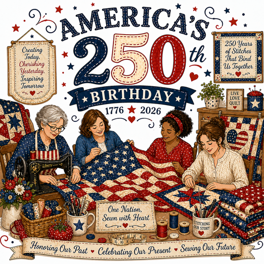 Illustration celebrating America's 250th birthday with people working on a quilt.