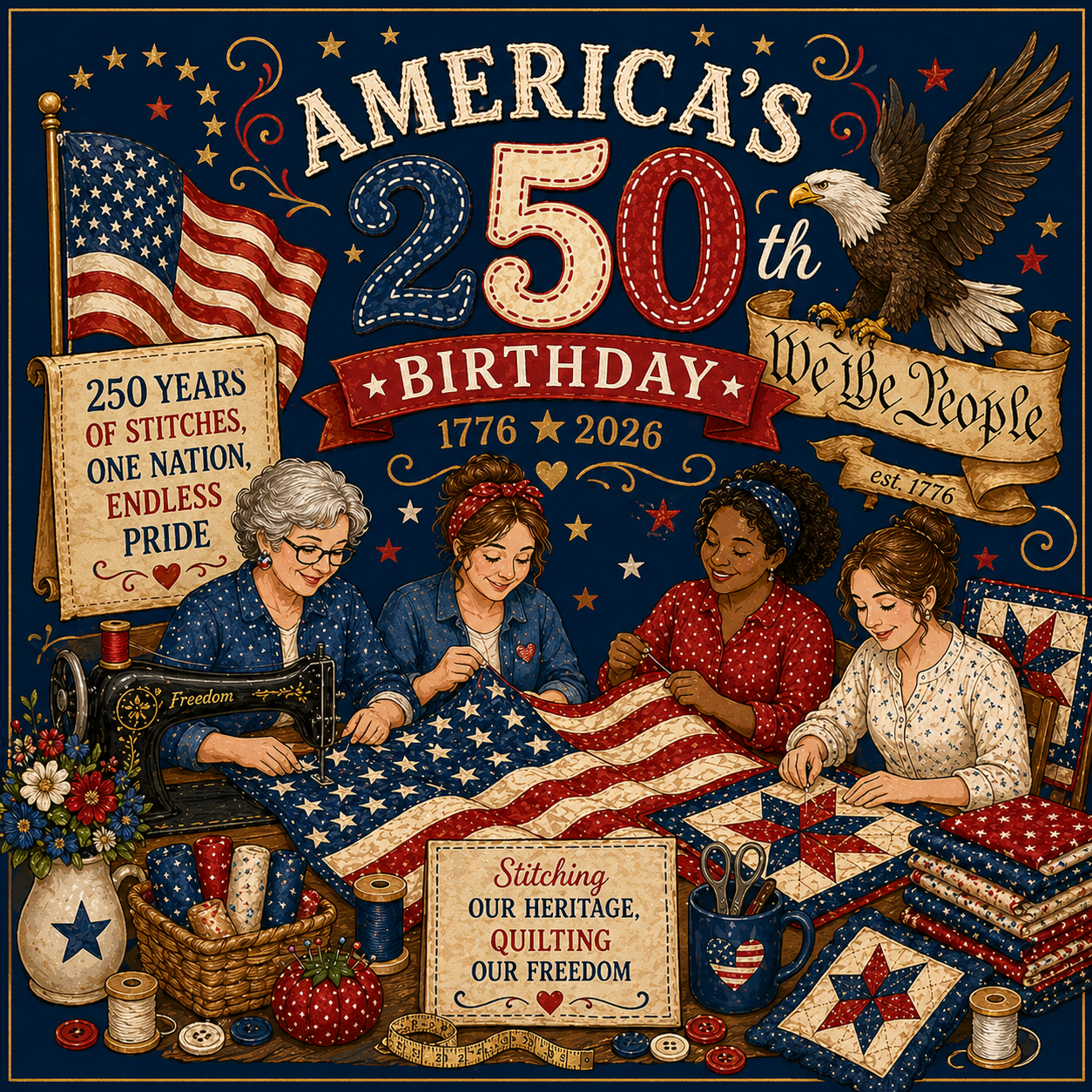 Illustration celebrating America's 250th birthday with women working on quilts, an American flag, and an eagle.