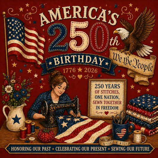 Illustration celebrating America's 250th birthday with an American flag, sewing machine, and patriotic elements.