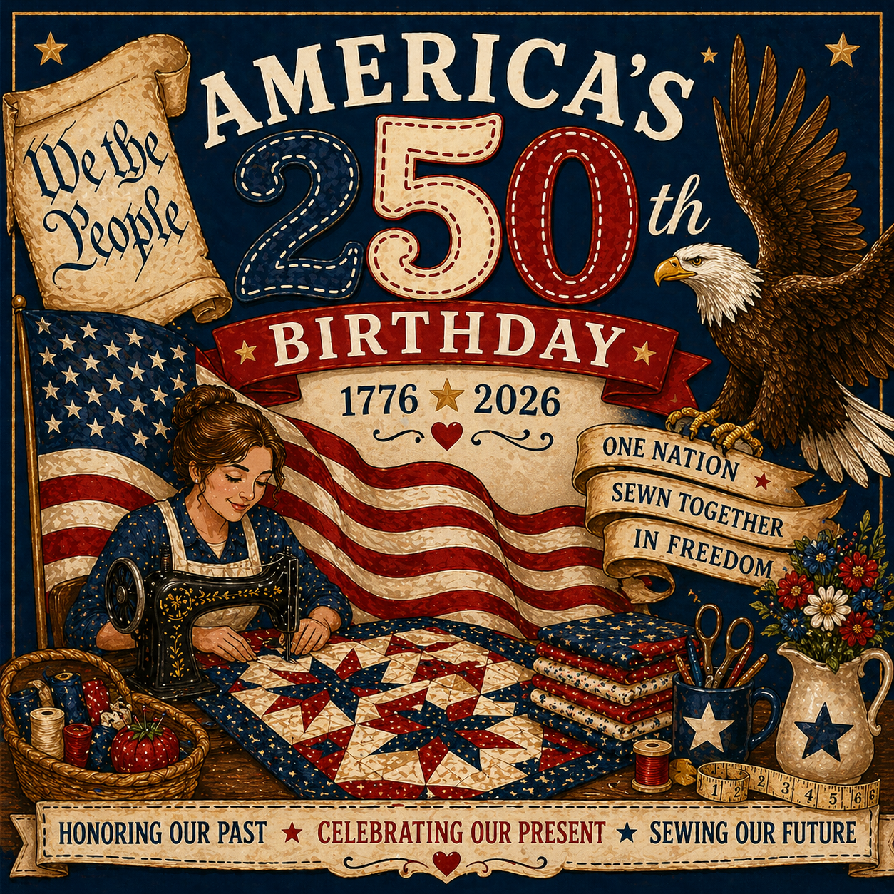 Illustration celebrating America's 250th birthday with an American flag, eagle, and person working on a quilt.