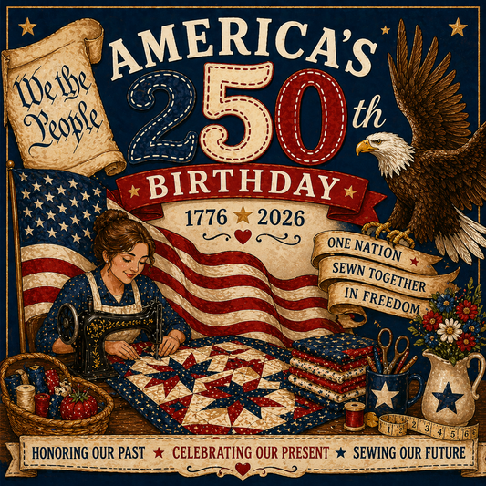 Illustration celebrating America's 250th birthday with an American flag, eagle, and person working on a quilt.