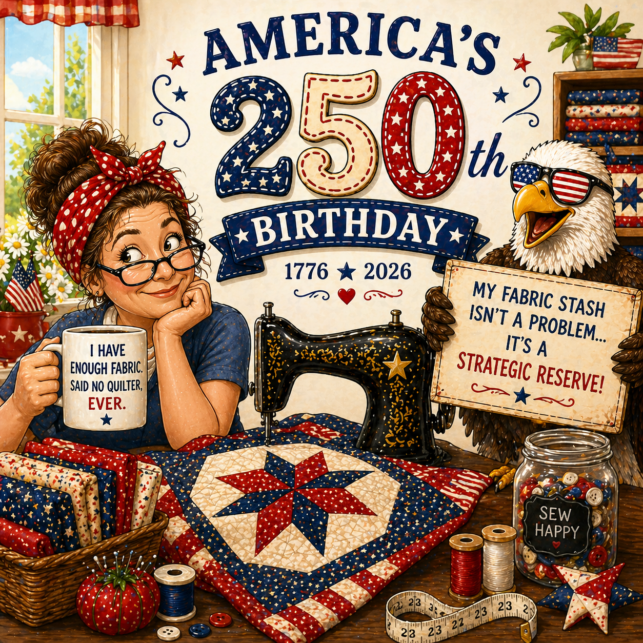 Illustration celebrating America's 250th birthday with a woman, sewing machine, and quilt.