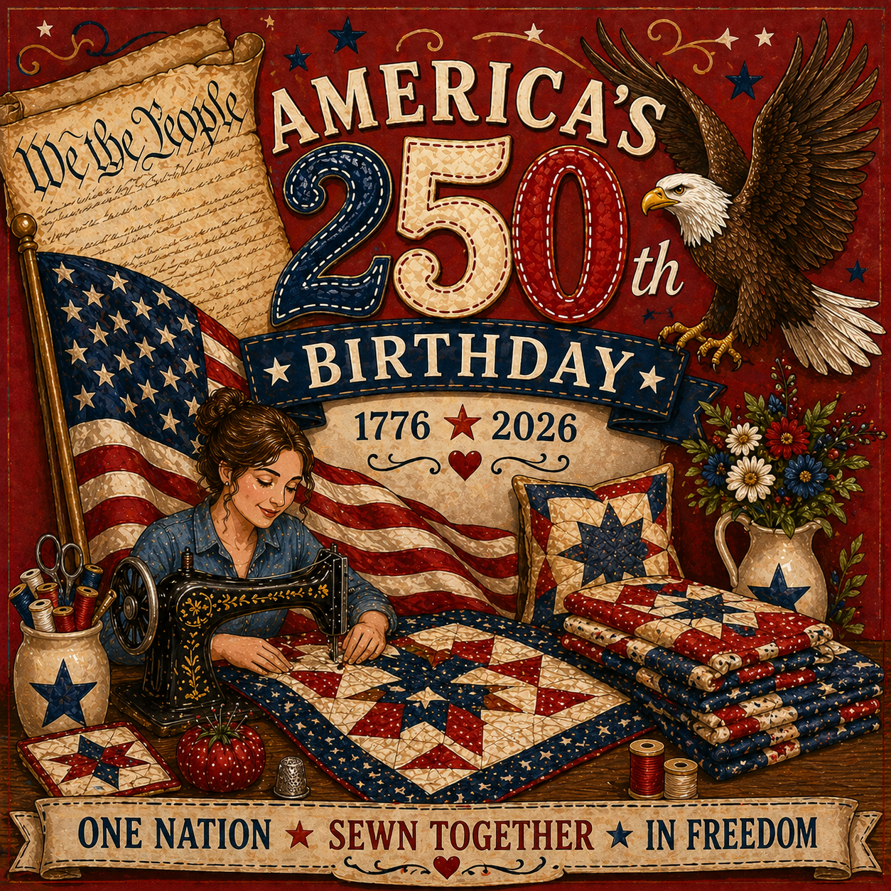 Decorative image celebrating America's 250th birthday with an eagle, American flag, and sewing scene.