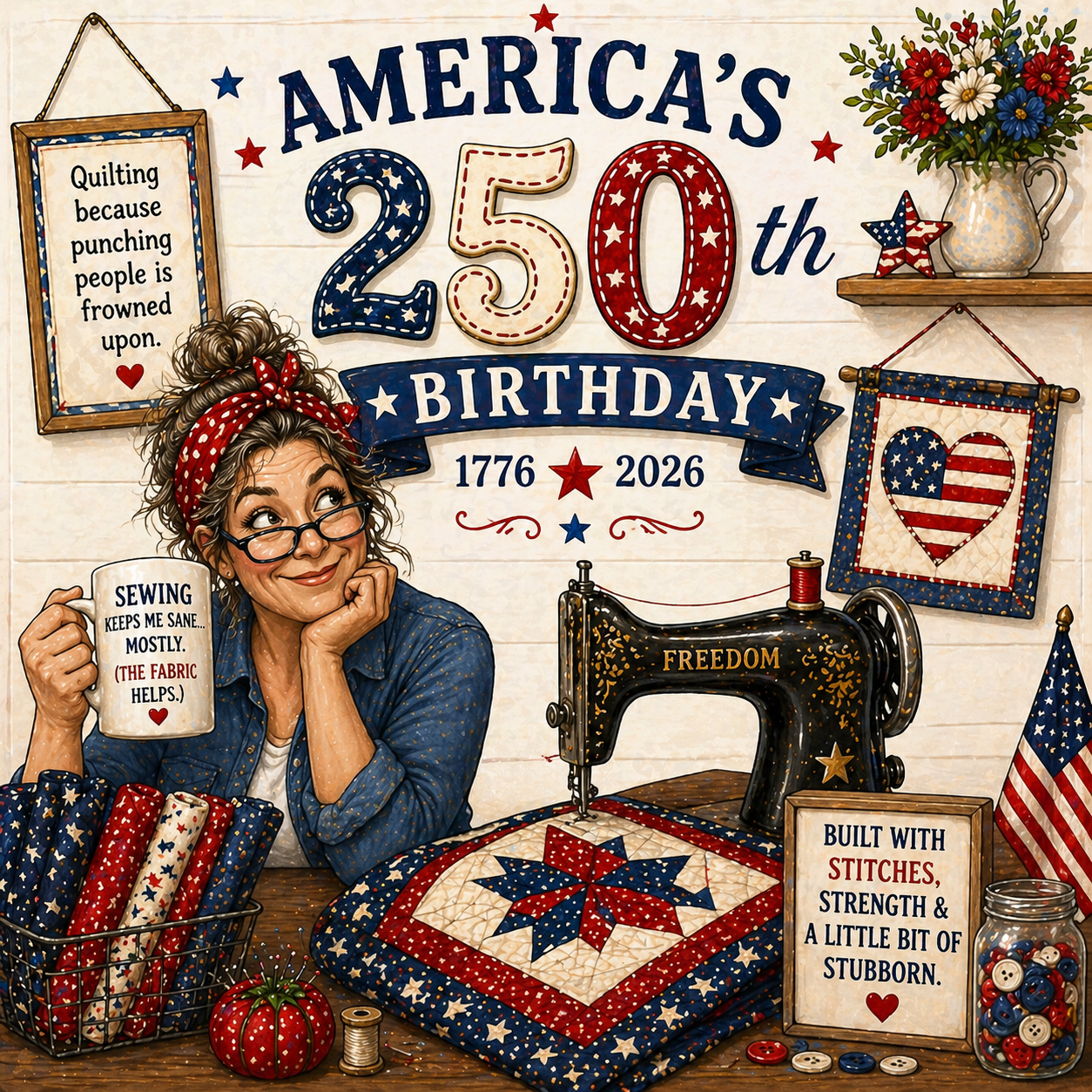 Woman with a sewing machine and quilt celebrating America's 250th birthday.