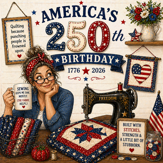 Woman with a sewing machine and quilt celebrating America's 250th birthday.