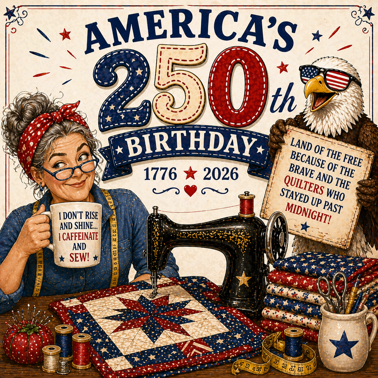 Illustration celebrating America's 250th birthday with a woman, eagle, and sewing machine.