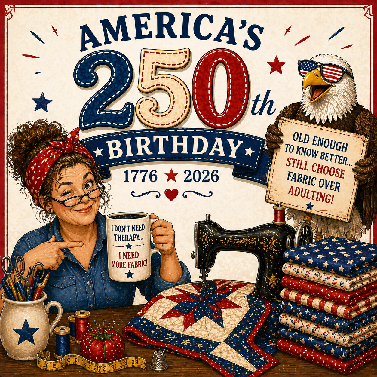Illustration celebrating America's 250th birthday with a woman and an eagle around a sewing machine and fabric.