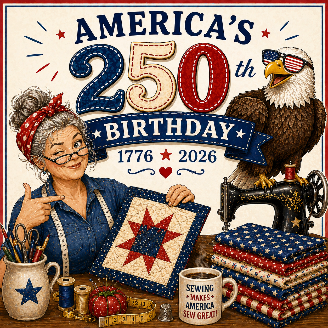 Illustration celebrating America's 250th birthday with a woman, eagle, and sewing-themed elements.