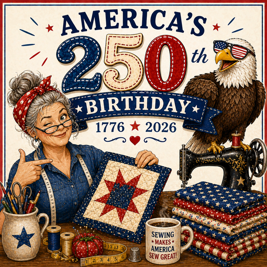 Illustration celebrating America's 250th birthday with a woman, eagle, and sewing-themed elements.