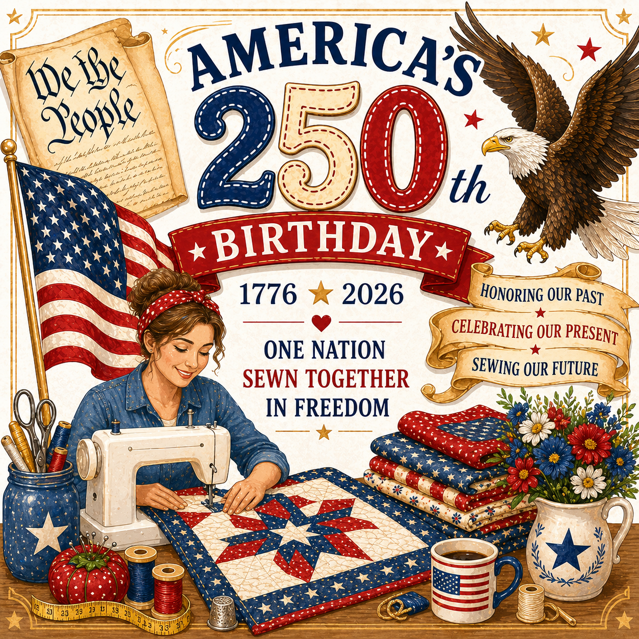 Illustration celebrating America's 250th birthday with a woman sewing, an eagle, and American flag.
