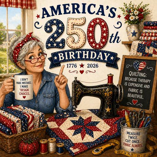 Illustration celebrating America's 250th birthday with a woman quilting.
